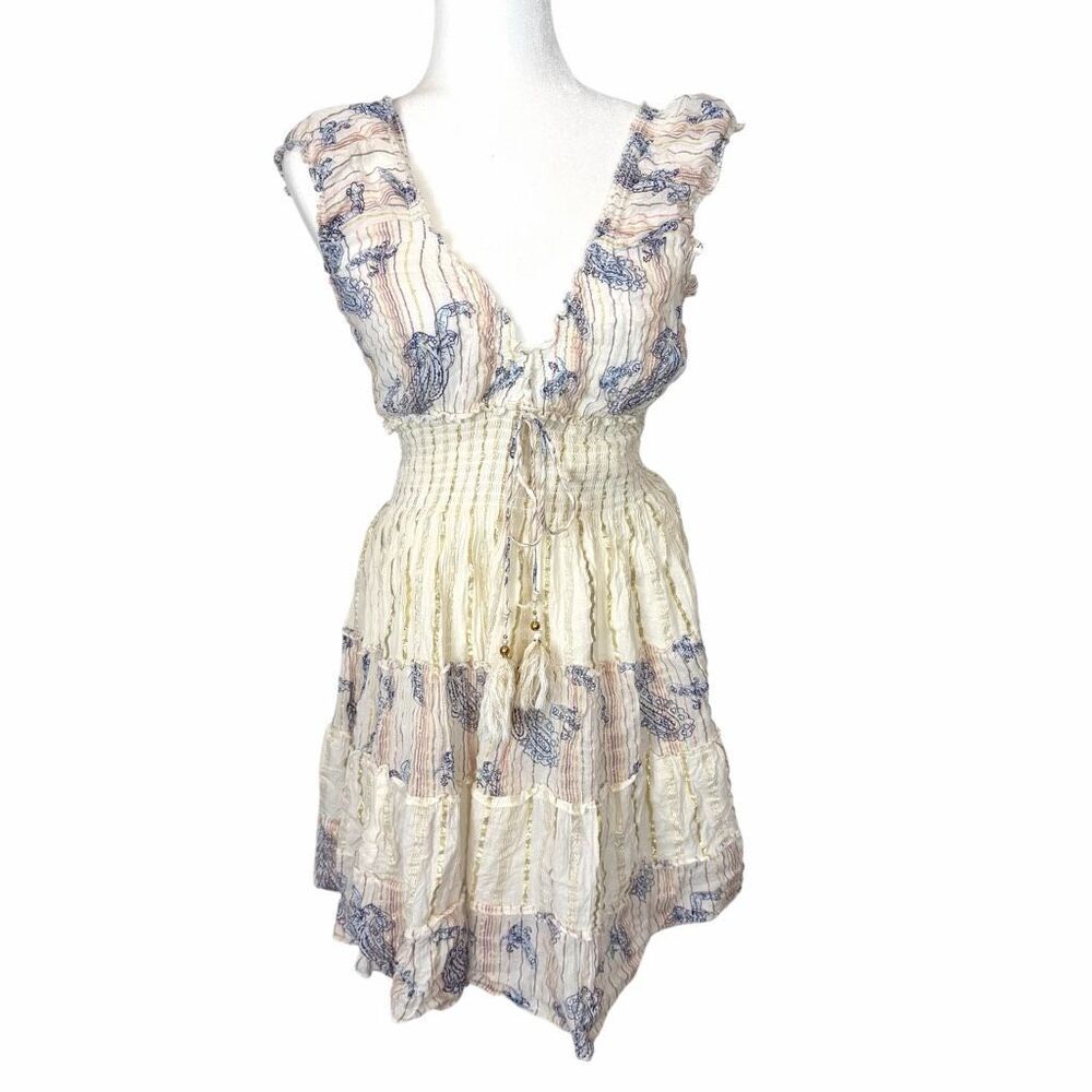 Vintage Mini Dress Women Cream Blue V-Neck Smocked Tiered Gauze Tassel Boho S
